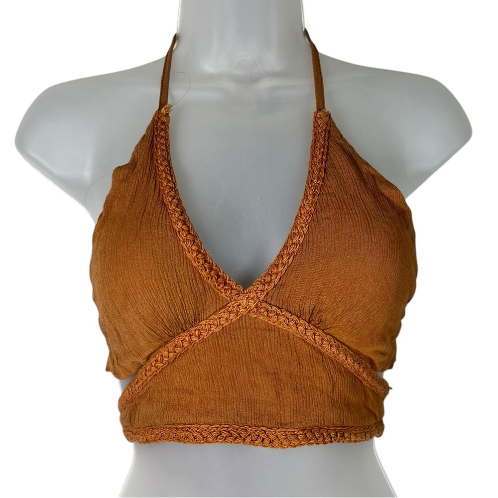 Earthbound Clothing Golden Orange Braided Tie Detail Open Back Halter Crop Top S - Picture 1 of 5